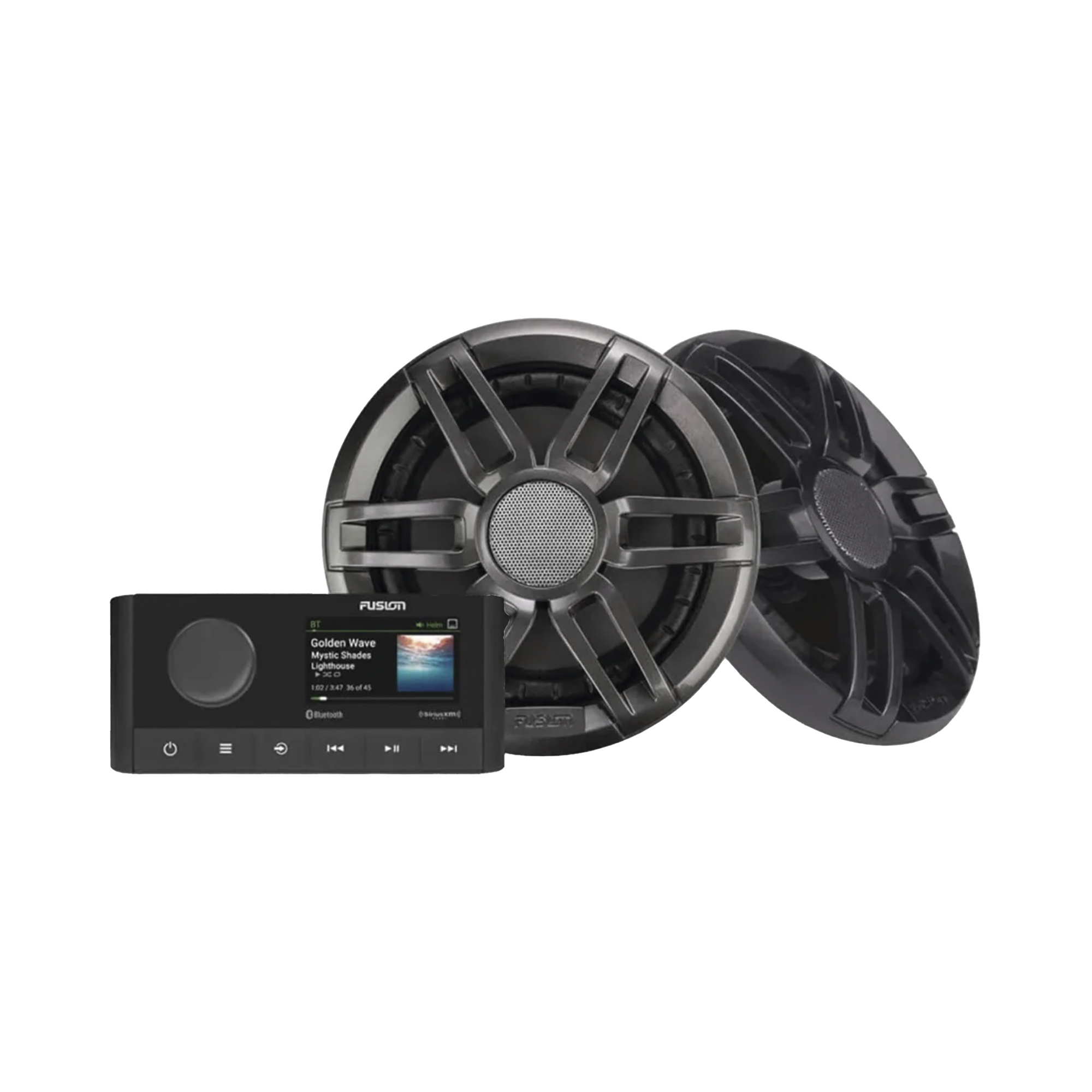 Sistema de estero marino MS-RA210 con dos bocinas de diseño deportivo XS incluidas.