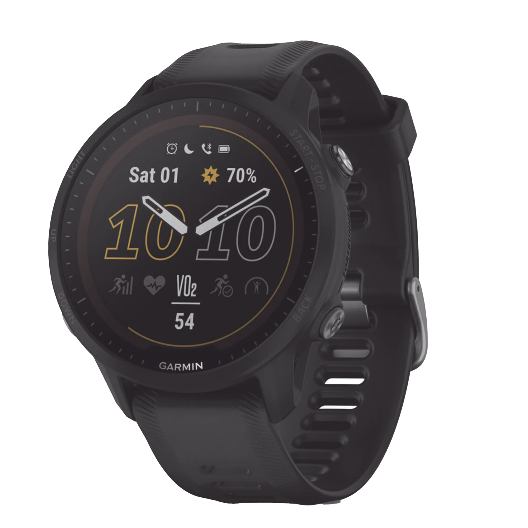 Reloj Garmin Forerunner 955 solar color negro en correa de silicón, con funciones premium de entrenamiento.