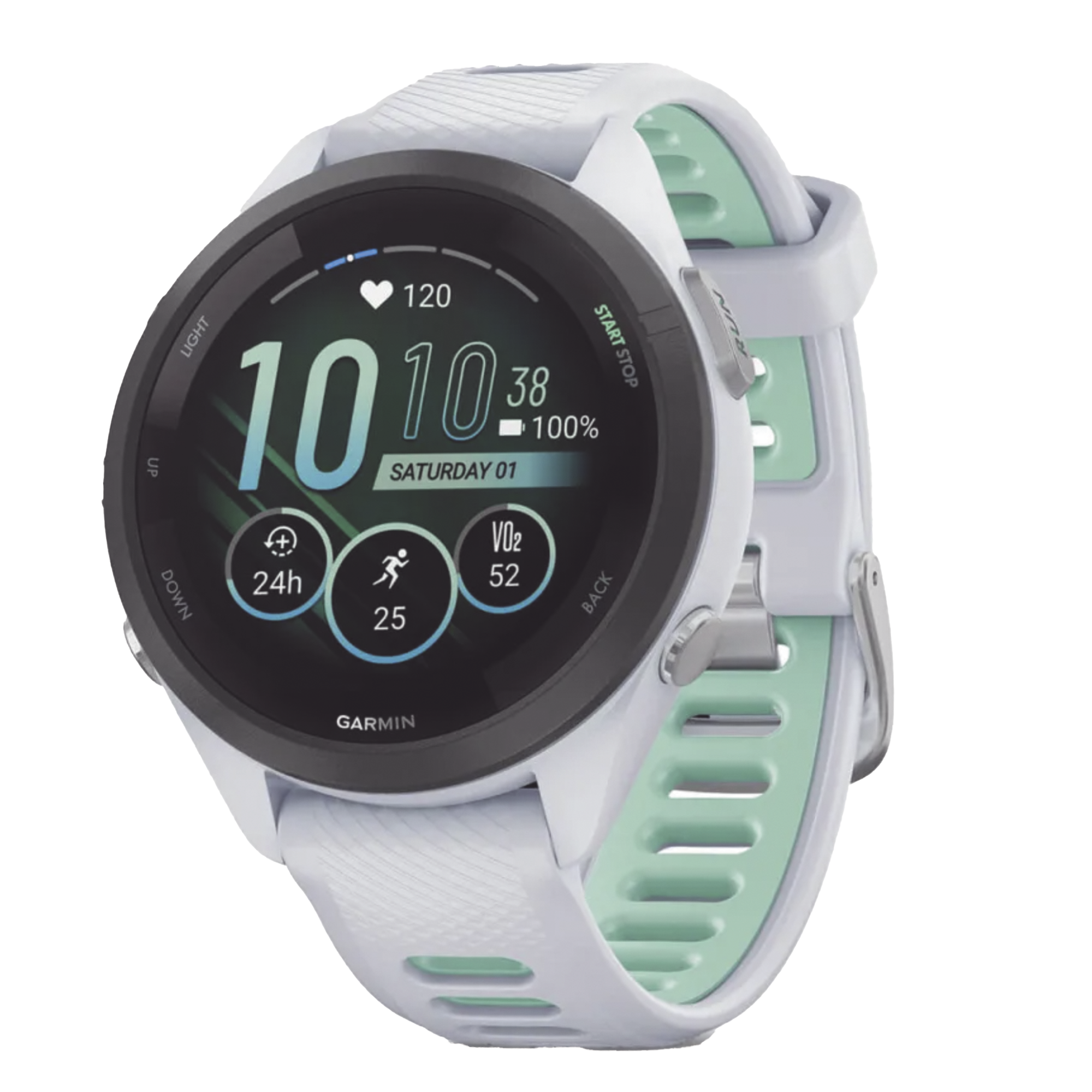 Forerunner® 265S, Bisel negro con carcasa en blanco y correa de silicona en blanco/verde