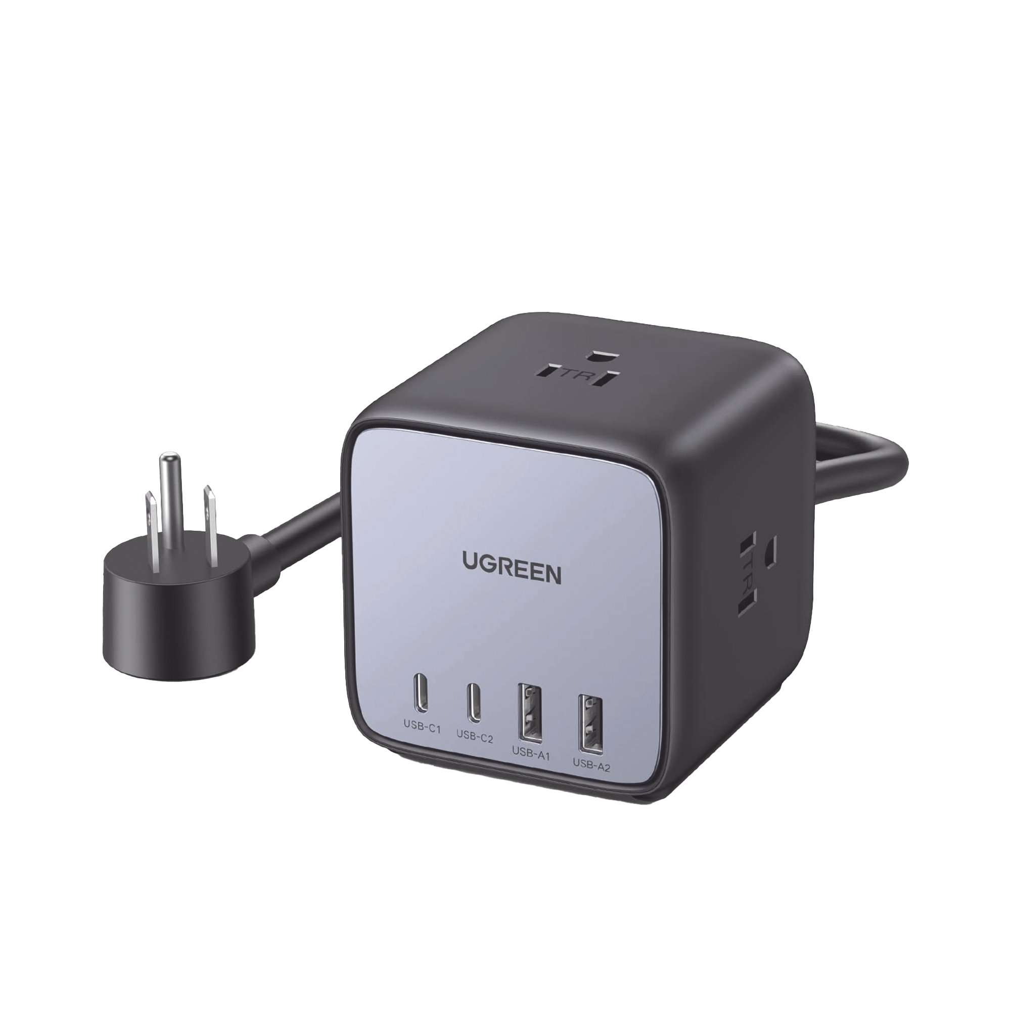 Multicontacto de Escritorio USB y Tomacorriente / 2 Puertos USB-C / 2 Puertos USB-A / 3 Tomacorriente de CA / Tecnología GaN II / USB 65W PD / Carga Rápida / Diseño Innovador en Forma de Cubo / Interruptor de Apagado.