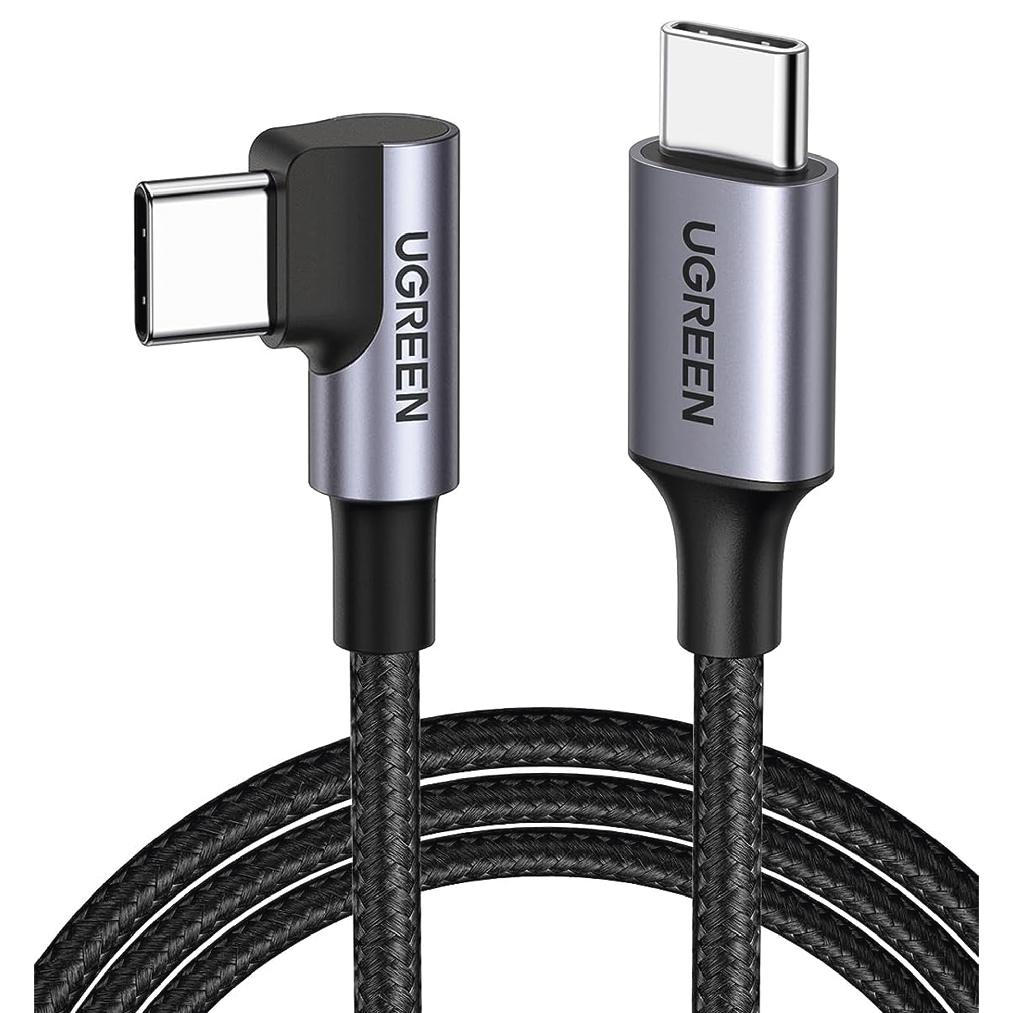 Cable USB-C a USB-C | 1 Metro | Conector con Ángulo Recto de 90° | Carga Rápida de hasta 60W | 480 Mbps | PD3.0 | QC4.0/3.0/2.0 | FPC | AFC | Protección Integrada| Caja de Aluminio | Nylon Trenzado | Color Negro.