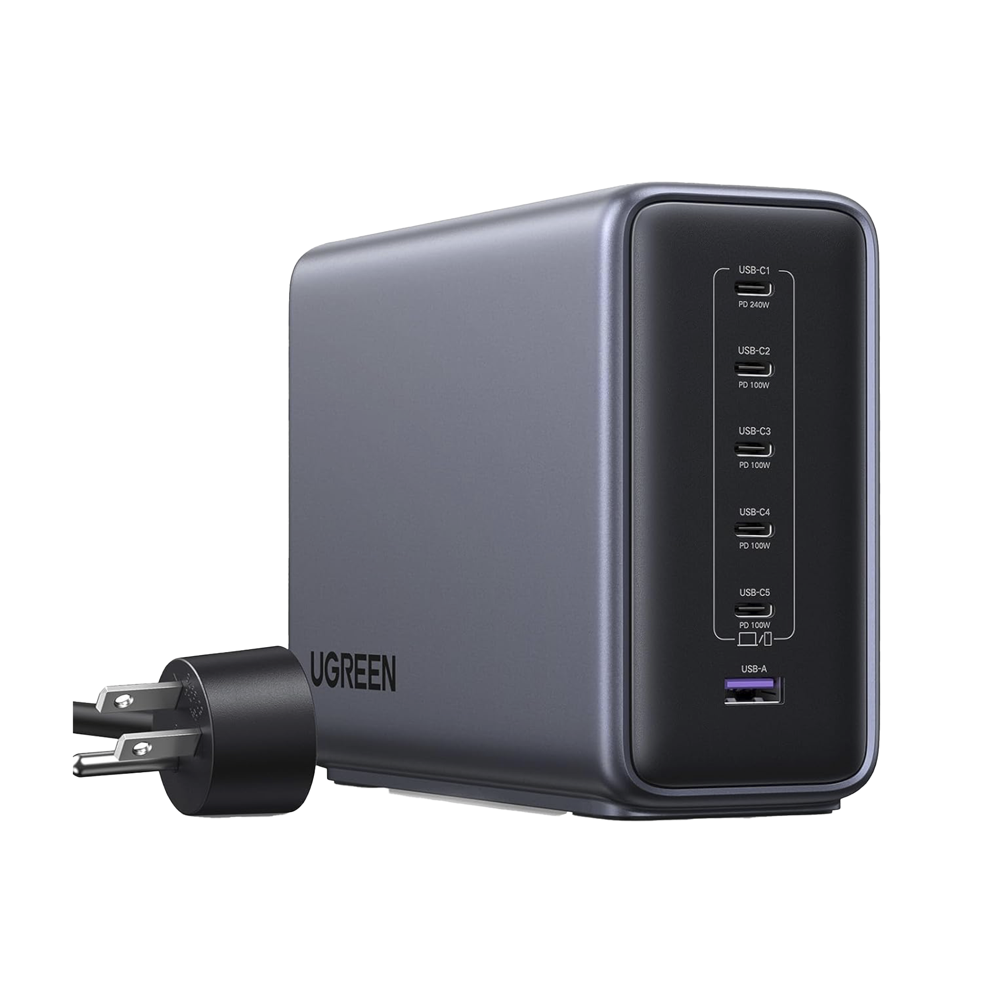 Cargador rapido de escritorio GaN de 500 W y 6 puertos.