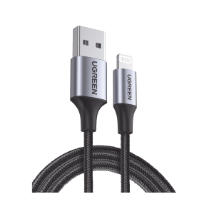 Cable USB-A a Lightning | 1 Metro | Certificado MFi | Carga Rápida 5V/2.4 A | 480 Mbps | Conector C94 | Adecuado para iPhone, iPad y iPod | Protección Integrada | Caja de Aluminio | Nylon Trenzado | Color Negro.