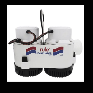 Bomba de evacuación con capacidad de desagüe de 7700 galones por hora a 12 Volts de corriente directa.