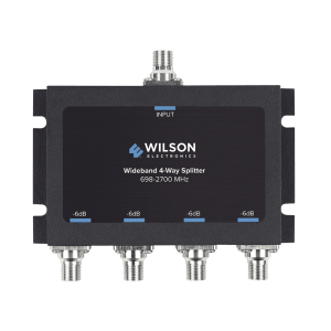 Divisor de potencia de 4 vías para la distribución de señal a dos antenas de servicio | 6 dB de pérdida por puerto | Conectores F hembra