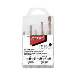 Juego de 5 Brocas con Inserción Hexagonal de 1/4". De concreto: 3/16" y 1/4". Para metal: 1/8", 3/16" y 1/4".