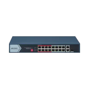 Switch PoE+ / No Administrable / 16 Puertos 10/100 Mbps PoE+ / 2 Puertos 1000 Mbps Uplink / 1 Puerto SFP Uplink / Modo Extendido hasta 300 Metros / 130 W