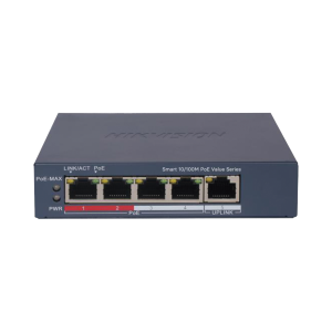 Switch PoE+ / Administrable / 4 Puertos 10/100 Mbps PoE+ / 1 Puerto 10/100 Mbps Uplink / Configuración Nube Hik-PartnerPro / Modo Extendido hasta 300 Metros /  45 W