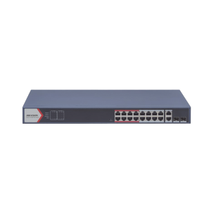 Switch PoE+ / Monitoreable / 16 puertos 10/100 Mbps PoE+ / 2 Puertos 1000 Mbps Uplink / 2 Puertos SFP de Uplink / Configuración Nube Hik-Partner Pro / Modo Extendido hasta 300 metros / 230 W