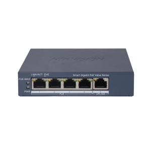 Switch Gigabit PoE+ / Monitoreable / 4 Puertos 1000 Mbps PoE+ / 1 Puerto 1000 Mbps Uplink / Configuración Nube Hik-PartnerPro / Modo Extendido hasta 300 Metros / 45 Watts
