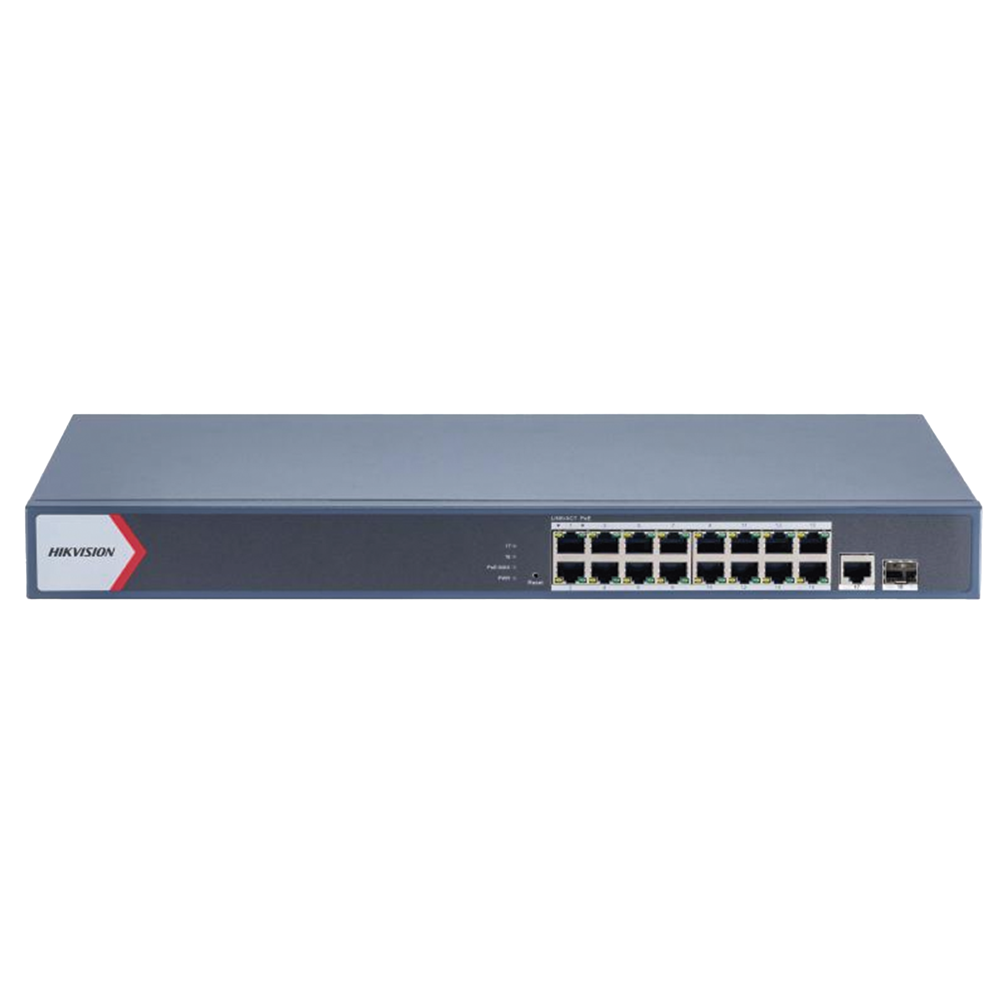 Switch Gigabit PoE+ / Administrable / 16 Puertos 1000 Mbps PoE+ / 1 Puerto 1000 Mbps de Uplink / 1 Puerto SFP / Configuración Nube desde Hik-Partner Pro / Modo Extendido hasta 300 Metros / 230 Watts