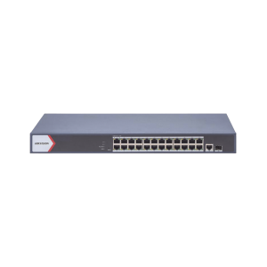 Switch Gigabit PoE+ / Administrable / 24 Puertos 1000 Mbps PoE+ / 1 Puerto 100 uplink / 1 Puerto 1000 Mbps Uplink / 1 Puertos SFP Uplink / Configuración Nube desde Hik-PartnerPro / Modo Extendido hasta 300 Metros / 370 W