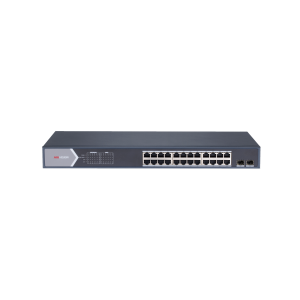 Switch Gigabit PoE+ / Administrable / 24 Puertos 1000 Mbps PoE+ / 2 Puertos SFP / Configuración Remota desde Hik-PartnerPro / PoE Extendido 250 Metros / 370 Watts