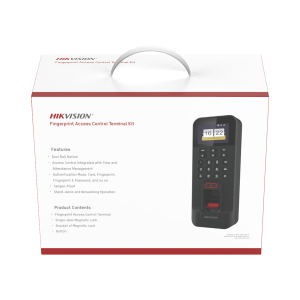 Kit de Control de Acceso TODO INCLUIDO con Lector de Huellas y Tarjetas / 3,000 Huellas / Compatible con App Hik-Connect / Incluye Electroimán Botón de Salida y Montajes Z y L para imán (DS-K1T804)
