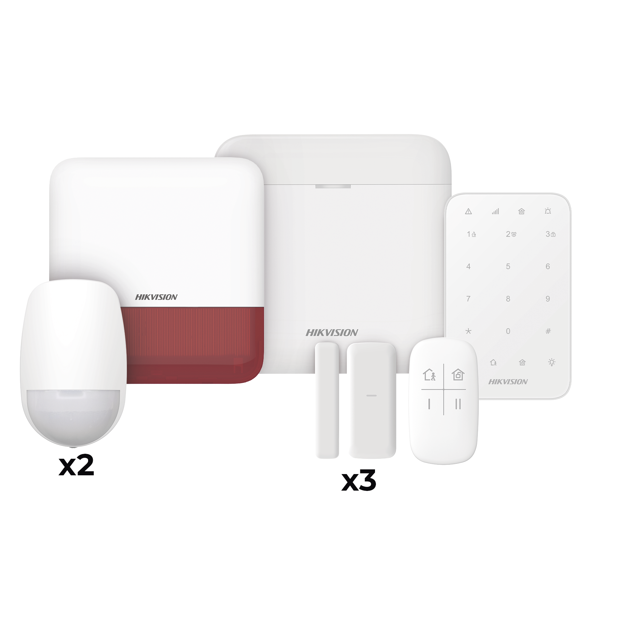 (AX PRO) KIT de Alarma AX PRO / Incluye: 1 Hub / 2 Sensores PIR / 3 Contactos Magnéticos mini / 1 Control Remoto / 1 Sirena Estrobo en color Rojo Inalámbrica Exterior /1 Teclado Inalámbrico / Wi-Fi / Compatible con Hik-Connect P2P
