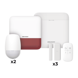 (AX PRO) KIT de Alarma AX PRO / Incluye: 1 Hub con batería de respaldo / 2 Sensores PIR / 3 Contactos Magnéticos mini / 1 Control Remoto / 1 Sirena Inalambrica Exterior color rojo / WiFi / Compatible con Hik-Connect P2P
