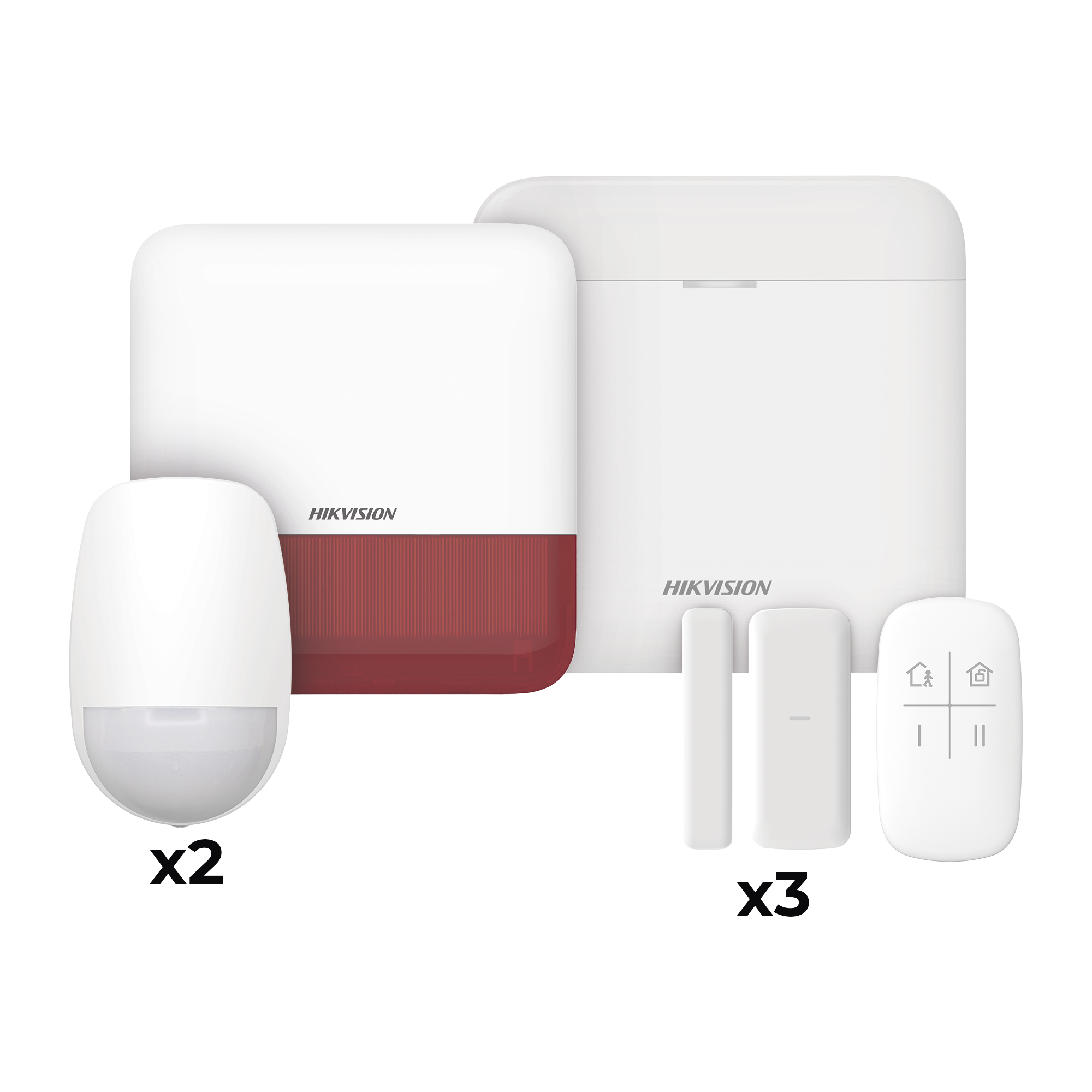(AX PRO) KIT de Alarma AX PRO / Incluye: 1 Hub con batería de respaldo / 2 Sensores PIR / 3 Contactos Magnéticos mini / 1 Control Remoto / 1 Sirena Inalambrica Exterior color rojo  / WiFi / Compatible con Hik-Connect P2P