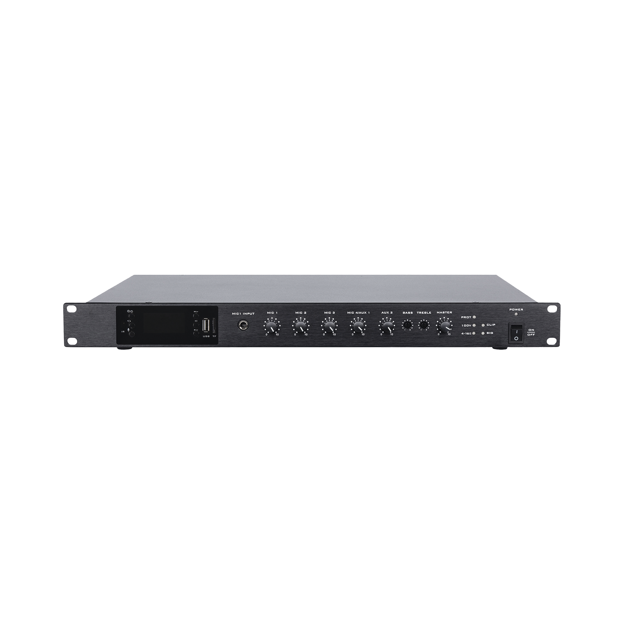Amplificador de Audio | 1 canal | 350 W | Sistema 100V y Baja Impedancia | 4 Entradas de Micrófono Balanceadas | Bluetooth | USB | SD | FM | Montaje en Rack