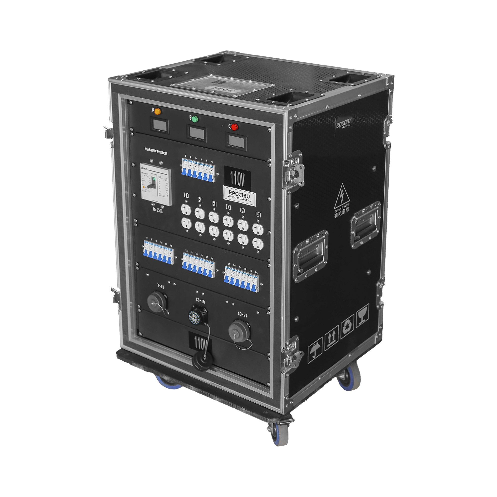 Centro de carga movil para instalaciones temporales con conexión TIPO socapex a 110v Y 220V | RACK 16U