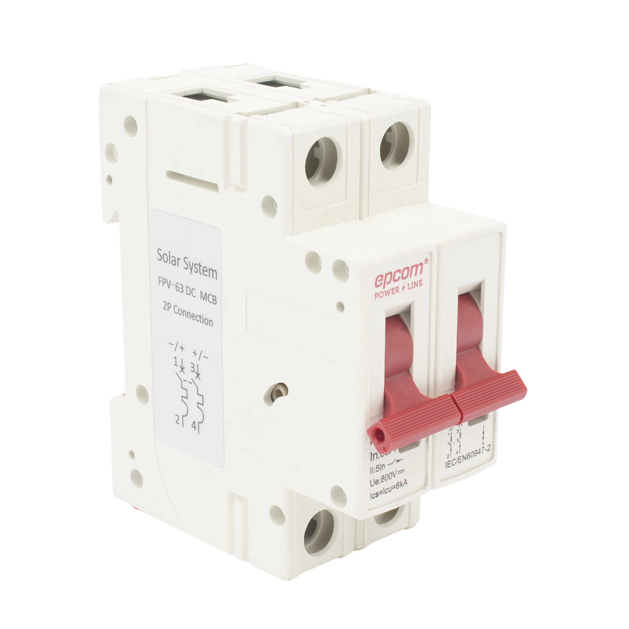 Protección Térmica/ Interrupción 2P, 63 A, Corriente Directa 800 Vcc para Aplicación Fotovoltaica Montaje Riel DIN