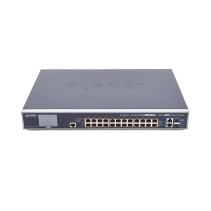 Switch Administrable L3, 24 puertos Gigabit PoE 802.3bt, 2 puertos 10G SFP+, Pantalla Tactil, Fuente Redundante, (600W)