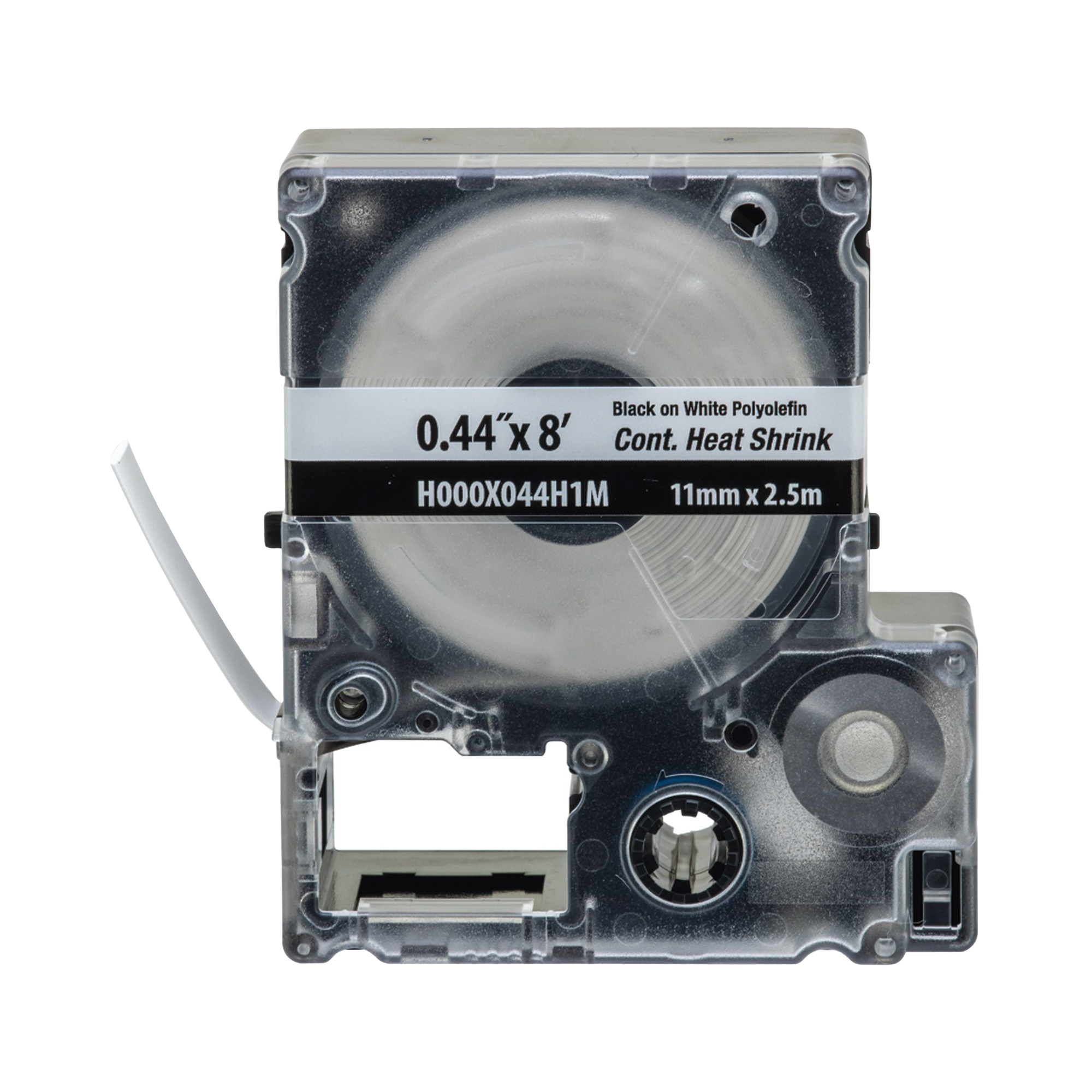 Casete de Etiquetas de Poliolefina de Cinta Continua, Tubo Termocontráctil, 11.2 mm (0.44 in) de Ancho y 2.4 m de largo, Para Cables de 2 a 6.4 mm (16-10 AWG) de Diámetro, Color Blanco