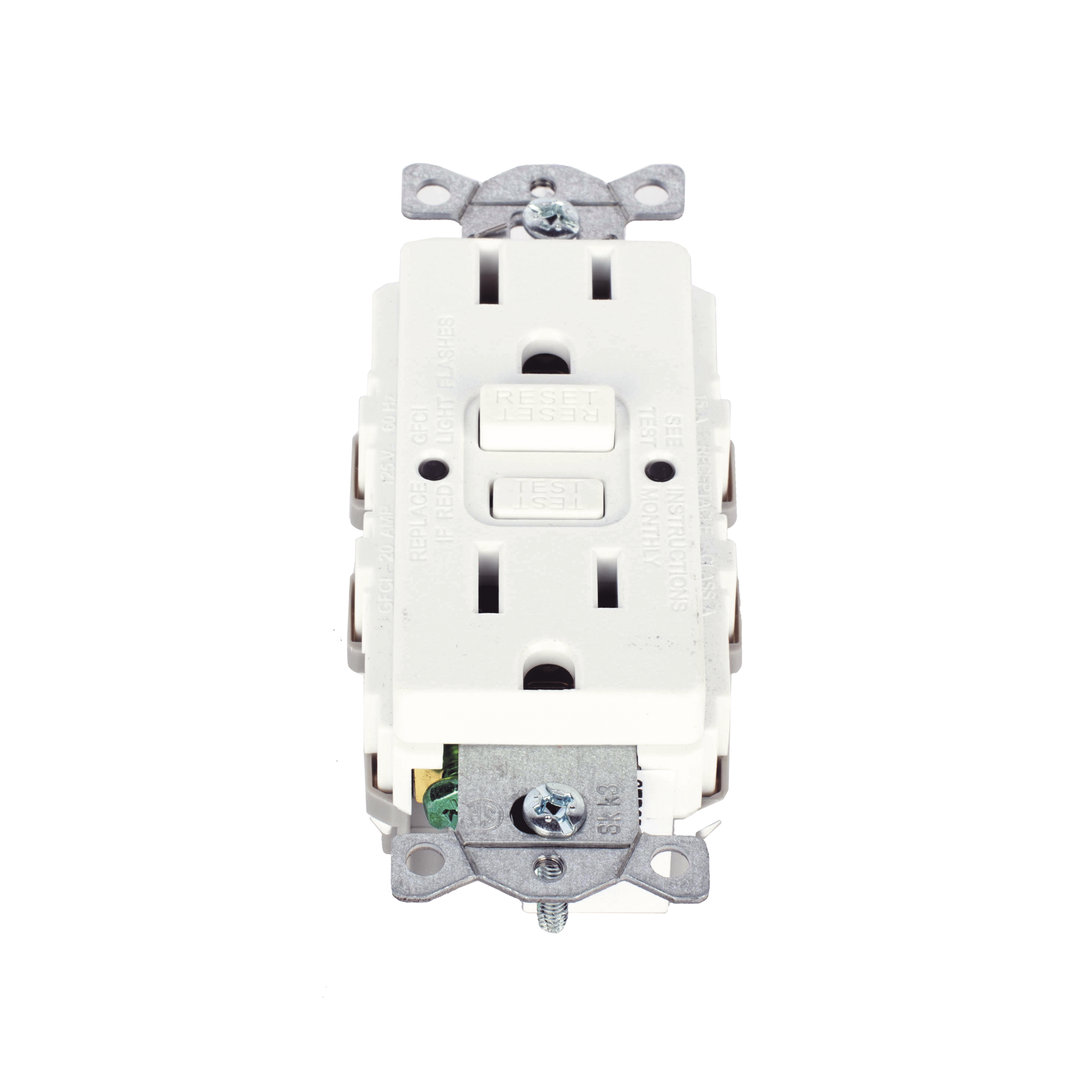 Contacto de Auto-verificación GFCI con Interruptor de Falla a Tierra de 15 A 125 V 2 Polos, 3 Hilos Color Blanco (Nema 5-15R), Grado Comercial.