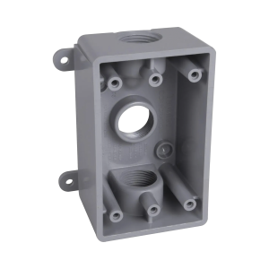 Caja Impermeable de 1 Gang / Profundidad de 2"/ Cuenta con 3 Salidas roscadas para tubería de 1/2" ó 3/4"/ Color Gris.