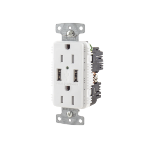 Contacto Dúplex con 2 Puertos USB, 15A 125V, 2 Polos, 3 Hilos, Color Blanco.