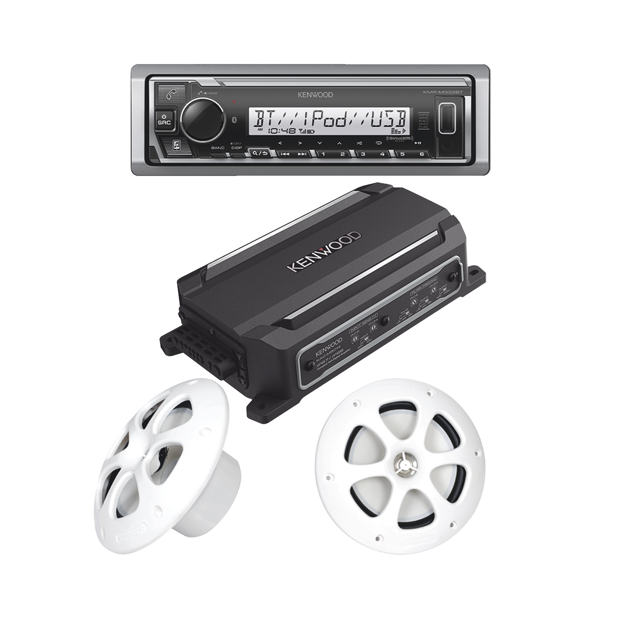 Kit de estereo con Bluetooth KMR-M332BT | Amplificador KAC-M5014 | mas Par de bocinas KFC-1613MRW