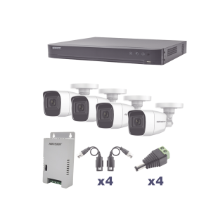KIT TurboHD 1080p / DVR 4 Canales / 4 Cámaras Bala Policarbonato con Audio Integrado (exterior 2.8 mm) / Transceptores / Conectores / Fuente de Poder Profesional