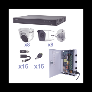 KIT TurboHD 1080p / DVR 16 Canales / 8 Cámaras Bala (exterior 2.8 mm) / 8 Cámaras Eyeball (exterior 2.8 mm) / Transceptores / Conectores / Fuente de Poder Profesional
