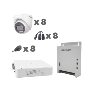 KIT TurboHD 1080p / DVR 8 Canales con audio por coaxitron / 8 Cámaras con Micrófono Integrado 101° Visión/ luz blanca + IR visión nocturna / Transceptores / Conectores / Fuente de Poder Profesional