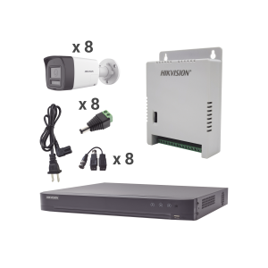 Kit Audio Bidireccional TurboHD 4K-3K / DVR 8 Canales 4K / 8 Cámaras Bala (Exterior) con Bocina y Microfóno Integrado 3K / 1 Fuentes de Poder / Accesorios