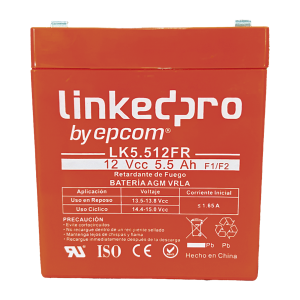 Batería 12 V / 5.5 Ah / UL / Tecnología AGM / Vida útil promedio de 5 años / Retardante a la Flama / Para uso en equipo electrónico, Alarmas de Intrusión / Incendio/ Control de acceso / Video Vigilancia / Incluye