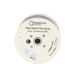 Carrete de 2 km de Fibra Óptica Aérea Mini Figura 8 G.657A2 tipo Drop Plana, Monomodo de 2 Hilos (bifibra), Color Negro,  (No Soporta Conectores Mecánicos)