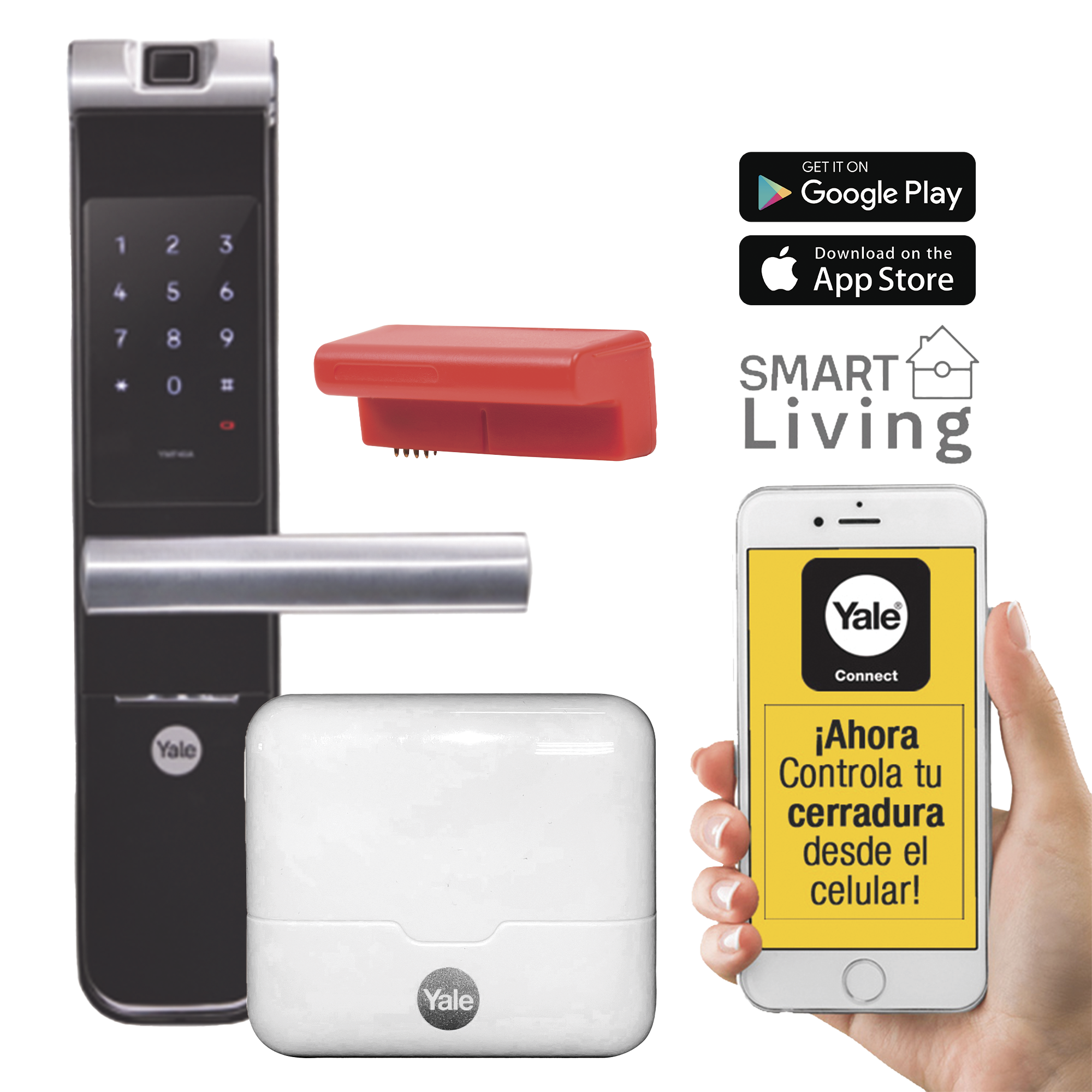Kit Cerradura con manija YMF40A y HUB, Apertura por,  Código, Biometría y apertura por SMARTPHONE, Para puertas de 35 a 90 mm de espesor