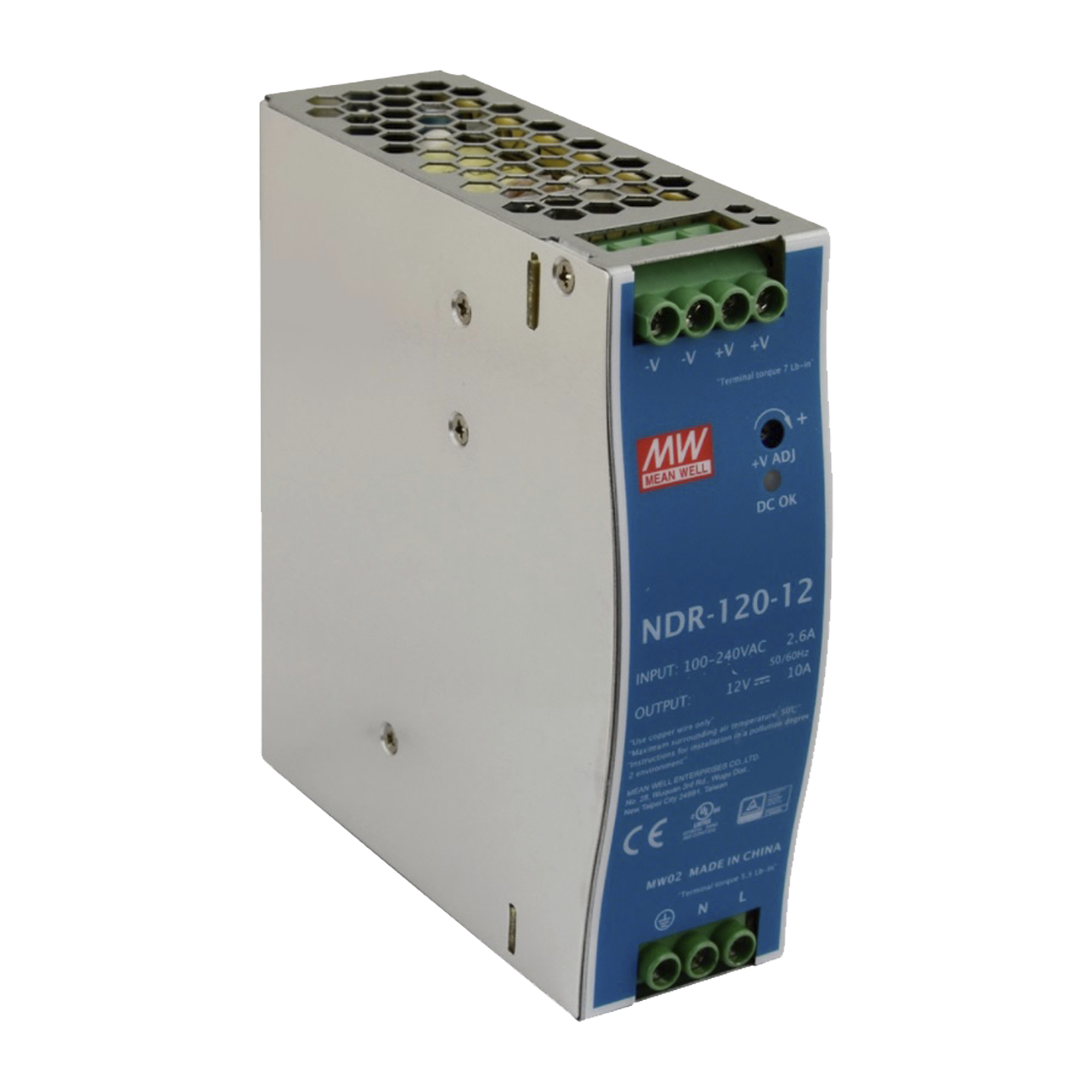 Fuente de poder industrial de 120 W, salida 12 Vcc, entrada 90~264 VCA, para montaje en riel DIN,