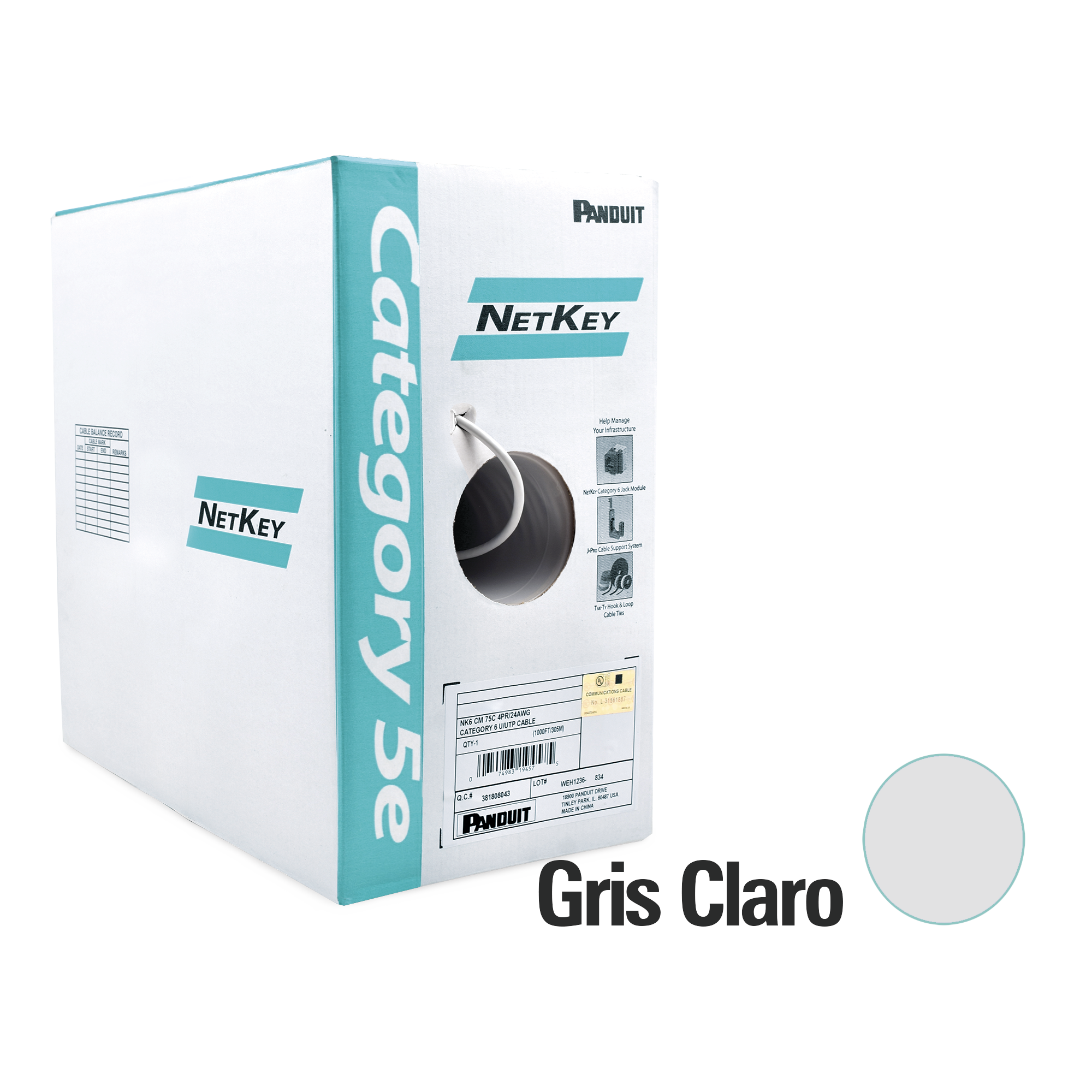 Bobina de Cable UTP 305 m. de Cobre, NetKey, Gris Claro, Categoría 5e (24 AWG), PVC (CM), de 4 pares