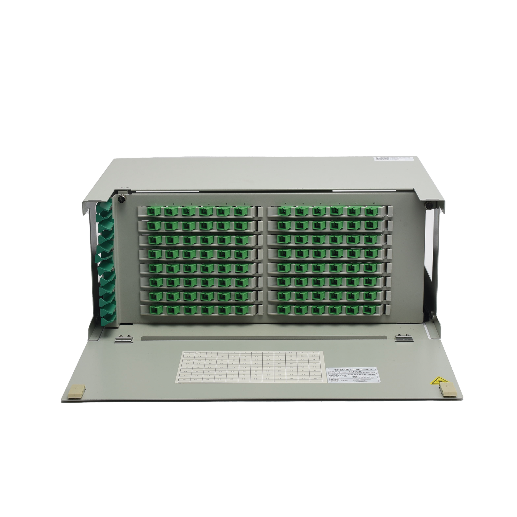 Distribuidor de Fibra Óptica para 96 empalmes, con 96 acopladores SC/APC y 96 pigtails, 19", 4 UR