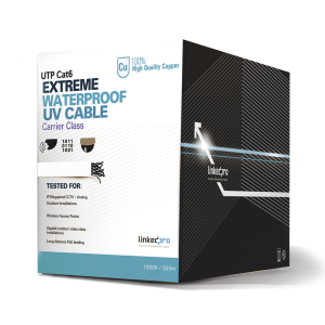 Bobina de cable de 305 m, Cat6, para intemperie, sin blindar, color blanco, UL, para aplicaciones en CCTV y redes de datos. Requiere tubería para su correcta instalación en ambientes exteriores.