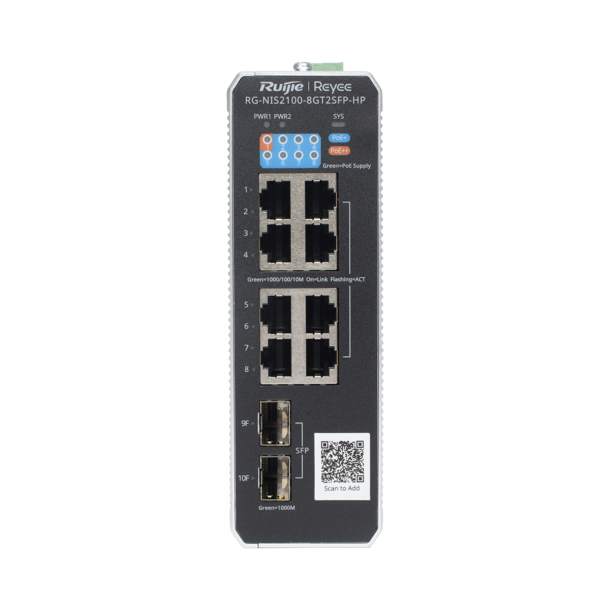 Switch Industrial PoE hasta , Ideal para temperaturas Extremas y protección contra descargas, 1 x PoE++ Port, 7 x PoE+ Ports, and 2 x SFP Uplink Ports
