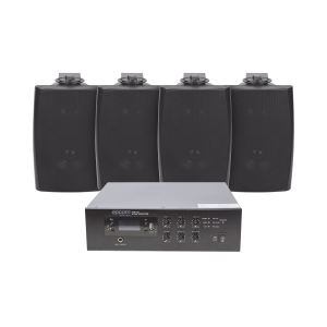 KIT de Amplificador de 120W para Escritorio | 4 Altavoces de Pared color Negro 2.5W - 20W | Sistema 70/100V