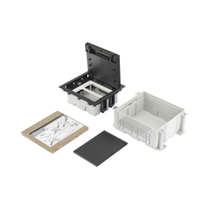 Caja de Suelo Simon Serie S / Para Voz, Datos o Contactos Eléctricos / Capacidad para 2 Módulos / Con Registro Integrado para Fijación en Concreto / Profundidad Ajustable de 70 a 100 mm / Alta Resistencia Mecánica y Térm