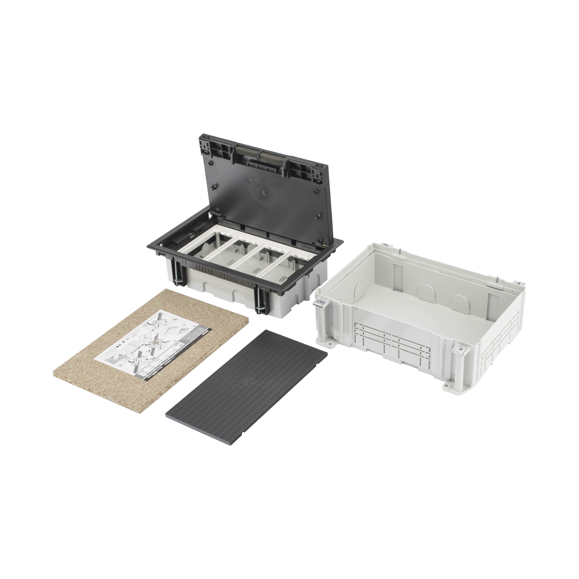 Caja Para Instalación en Pavimento para Voz, Datos o Contactos Eléctricos / Capacidad para 4 Módulos / Espacio Embellecedor en la Tapa / Profundidad Ajustable de 90 a 120 mm / Los Módulos se Adquieren Aparte / Incluye Registro