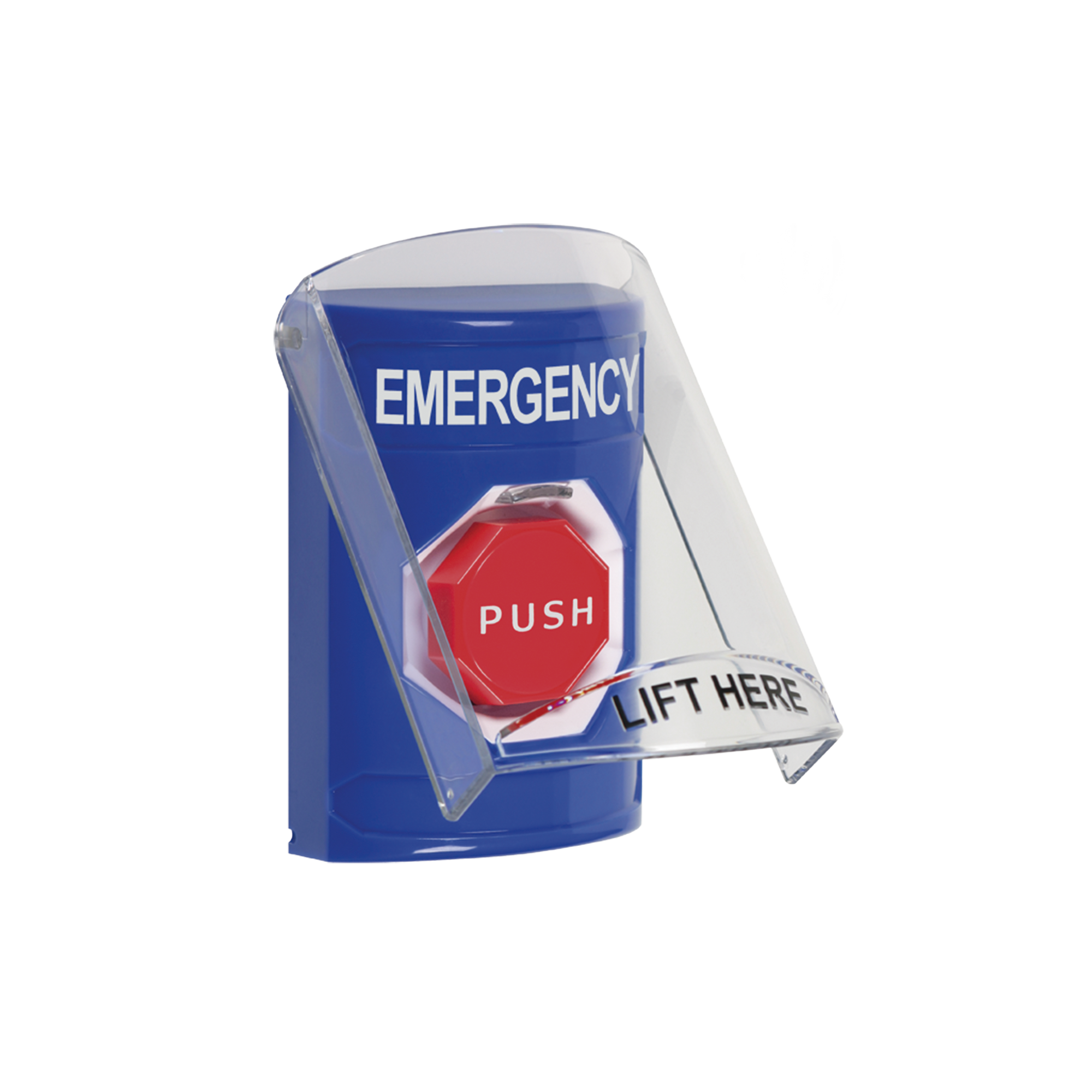 Botón Multipropósito, Color Azul, De Superficie, Con Tapa De Policarbonato, Con Bocina Pre Alarma, Para Interior, Llave Para Restablecer, Texto De Emergencia, Ingles