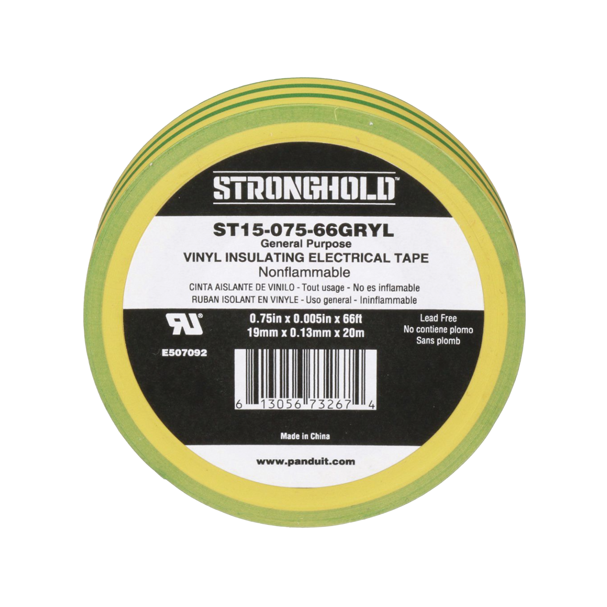 Cinta Eléctrica STRONGHOLD para Aislar, de PVC, Uso Construcción General en Tierras Físicas, Grosor de 0.13 mm (5 mil), Ancho de 19.05 mm, y 20.12 m de Largo, Color Amarillo/Verde.