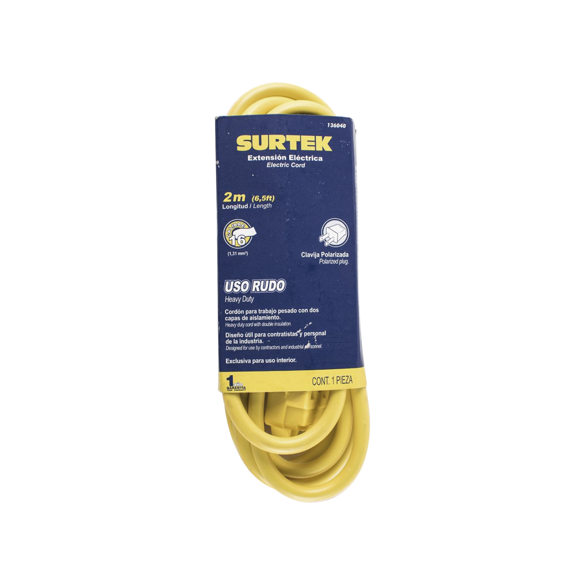Extensión Eléctrica de Uso Rudo 2 metros / 127 V CA 10 A Máximo / Color Amarillo.