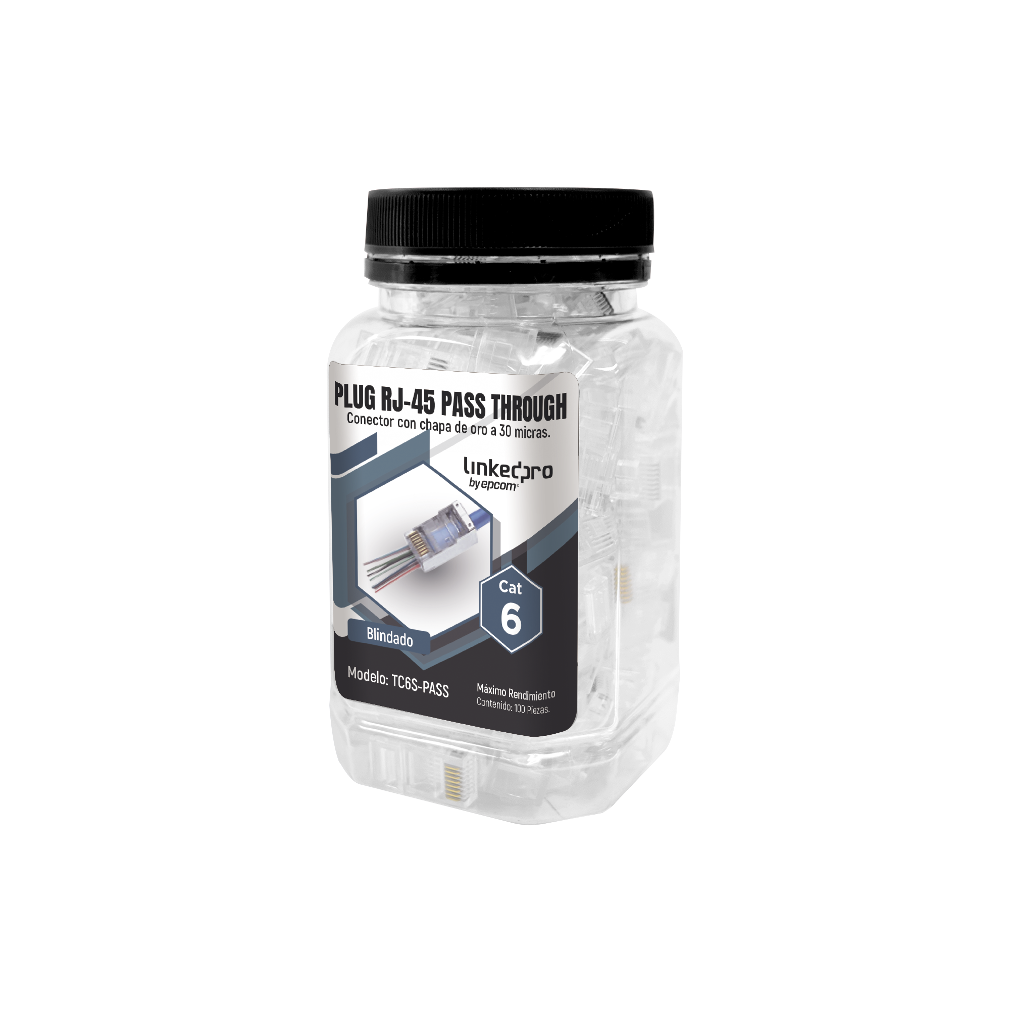 Bote con 100 Plugs Pass through RJ45 Cat6 BLINDADO chapado de oro a 30 micras para durabilidad extrema