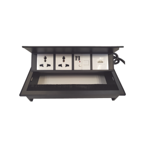 Caja Horizontal tipo Hub para escritorio color negro, con 1 Puerto HDMI Hembra-Hembra, 1 puerto RJ45 Cat6, 2 Puertos USB (Solo carga), y 2 Contactos eléctricos universales